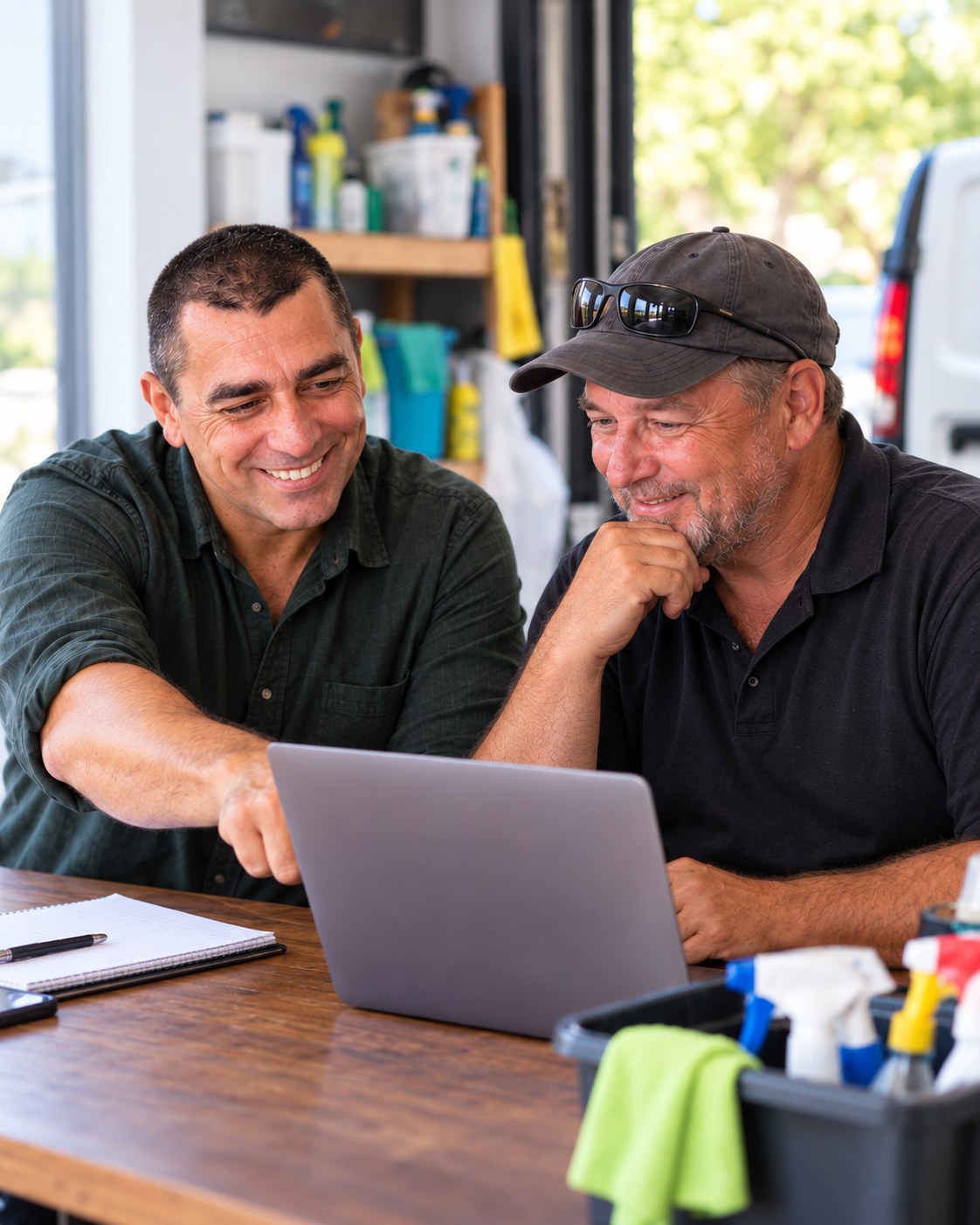 Illustrative scene of Allen helping a cleaner use a laptop