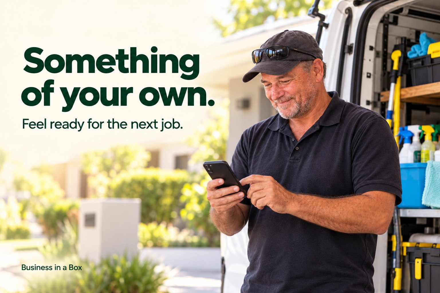 Something of your own. Feel ready for the next job. Illustrative scene of a cleaner checking his booking beside his van.