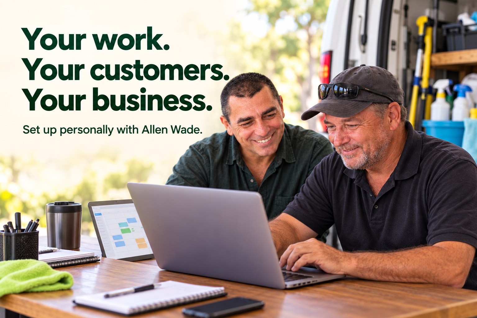 Your work. Your customers. Your business. Set up personally with Allen Wade. Illustrative scene of a cleaner using his own business setup.