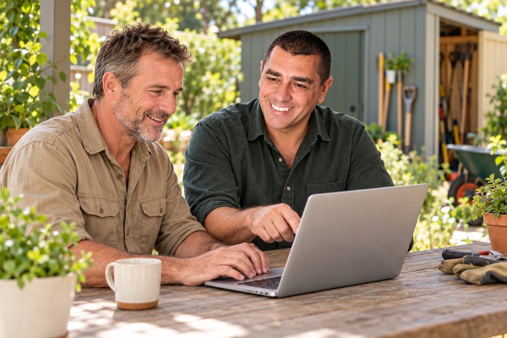 Illustrative scene of Allen helping with business setup: outdoor and property services
